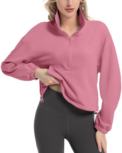 FKEEP Quarter Zip Pullover Women Cropped Sweatshirt Long Sleeve Crop Top Stand Collar Drawstring Casual Pullover zDeep Pink L