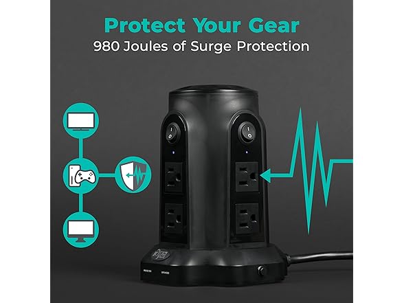 KMC 8-Outlet 6ft 1080J Surge Protector Powertower