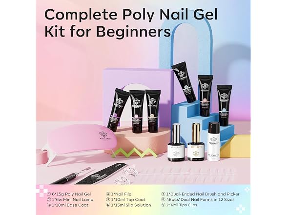 Poly Gel Nail Kit 60pcs, 6 colors pastel