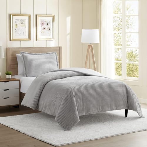 Hearth & Harbor Premium Flannel Duvet Cover Set - 2 PC Reversible Twin Comforter Cover Set with Microfiber Back - 1 Velvet Duvet Cover Twin & 1 Pillow Sham 68 x 90 inches – Silver Gray