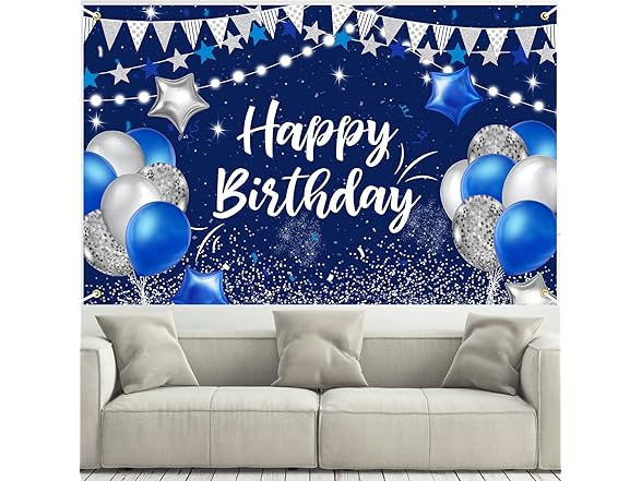 Navy Blue & Silver Happy Birthday Backdrop