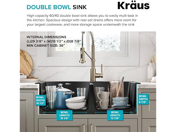 KRAUS Black 33 in Double Bowl Granite Kitchen Sink