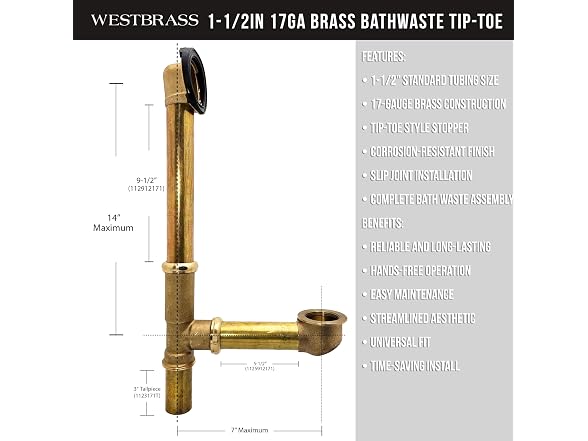 Westbrass A321H-07 14" Brass Bath Waste & Overflow Assembly