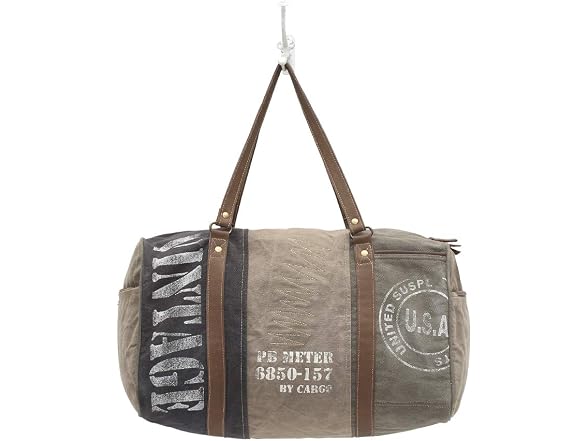 Vintage USA Travel Print Upcycled Canvas Leather Trim Duffle Bag