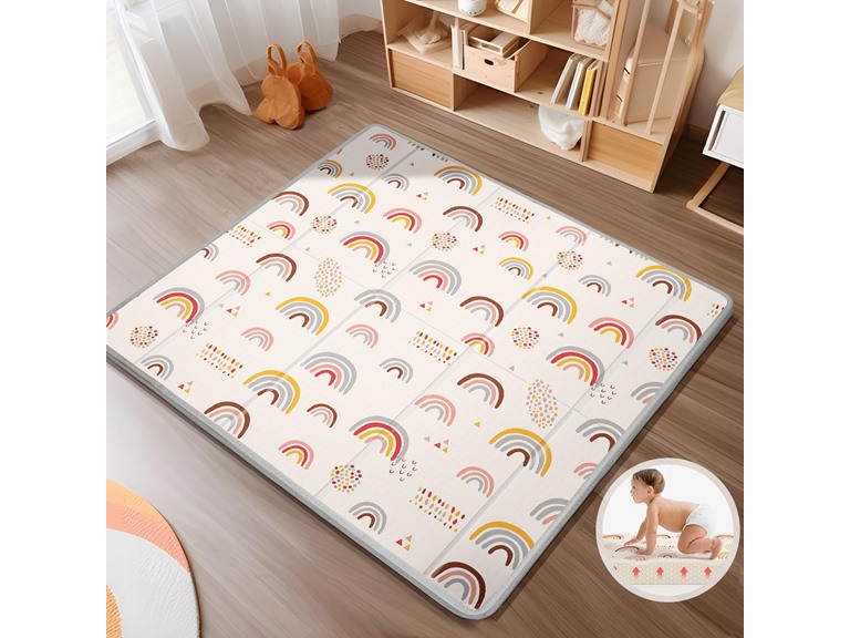 PIGLOG Waterproof Playmats for Babies and Toddlers Kids, Safe Foam Playmat for Tummy Time, 50x50 Playpen Mat, Reversible Portable Baby Floor Mat for Infant, Toddler(Rainbow)
