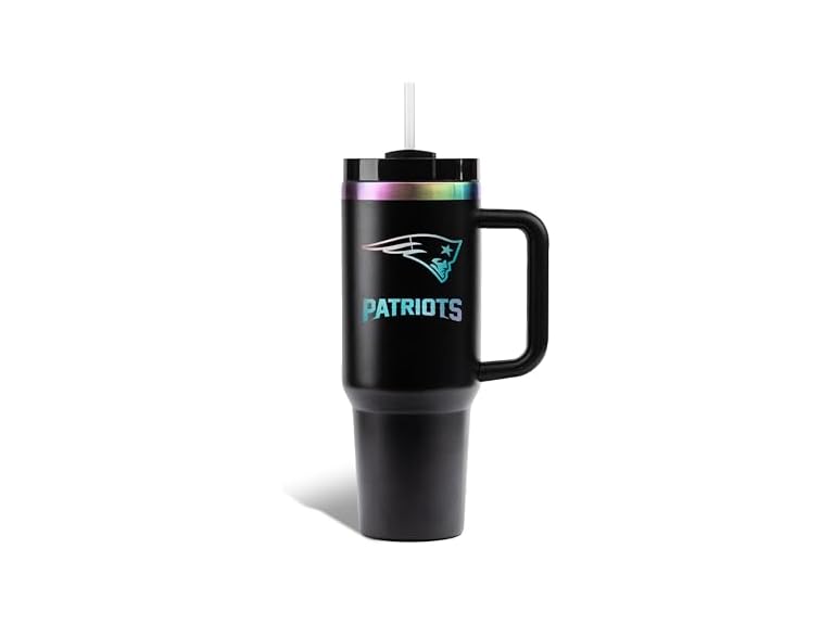 The Memory Company Officially Licensed NFL 40oz Iridescent Laser Etched Logo Tumbler with Handle, Double-Wall Vacuum Insulated Stainless Steel, Hot & Cold Drink Travel Cup, Leak-Proof Lid, Team Logo