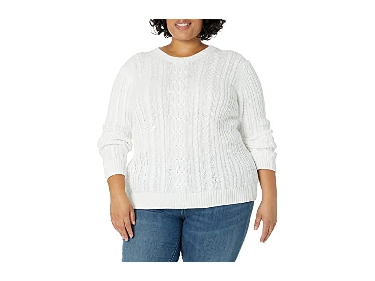 Amazon Essentials Women's Soft Fisherman Cable Long-Sleeve Crewneck Sweater (Available in Plus Size), White, Large