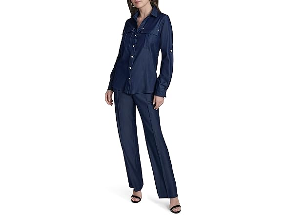 Halston Women (XS) Roll-tab Sleeve Denim-like Top