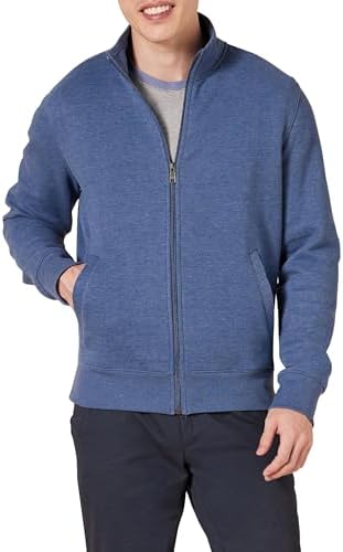 Amazon Essentials Men's Sweatshirt, Mock Neck, Fleece Zip Up, Blue Heather, Large