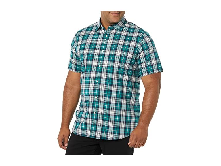 Amazon Essentials Men's Slim-Fit Short-Sleeve Poplin Shirt, Teal Blue White Plaid, XX-Large