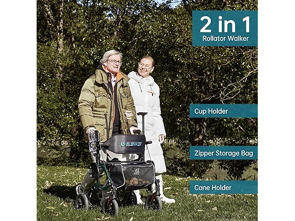 ELENKER All-Terrain 2 in 1 Rollator Walker & Transport Chair, Folding Wheelchair with 10” Non-Pneumatic Wheels for Seniors, Reversible Backrest & Detachable Footrests, Green (Open Box)