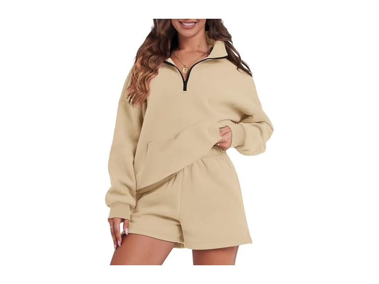 FKEEP Womens Sweatsuits 2 Piece Outfits Half Zip Sweatshirt Sweat Shorts with Pockets Lounge Sets(Apricot,Large)