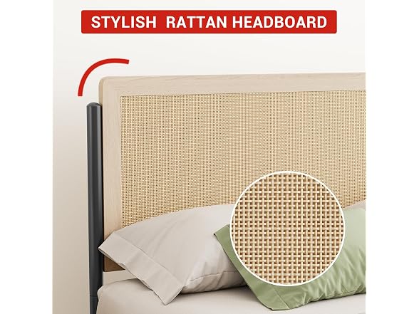 Queen Boho Bed Rattan Headboard Wood Oak