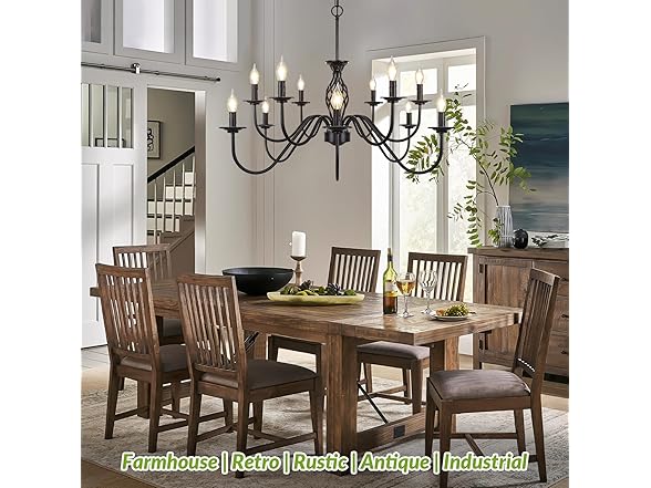 12-Light Farmhouse Candle Chandelier, Matte Black