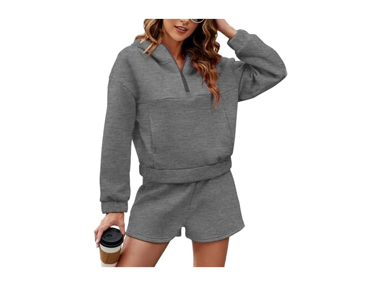 FKEEP Womens 2 Piece Sweatsuit Outfits Half Zip Hoodie Sweat with Shorts Pockets Lounge Winter Tracksuit Wear Matching Set