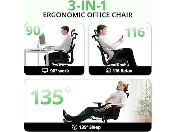 Synorla Ergonomic Office Chair with Footrest, Mesh Desk Chair with 135° Recline, Adjustable Lumbar Support, 3D Armrests and Headrest, Swivel Computer Chair for Home Office (Open Box)