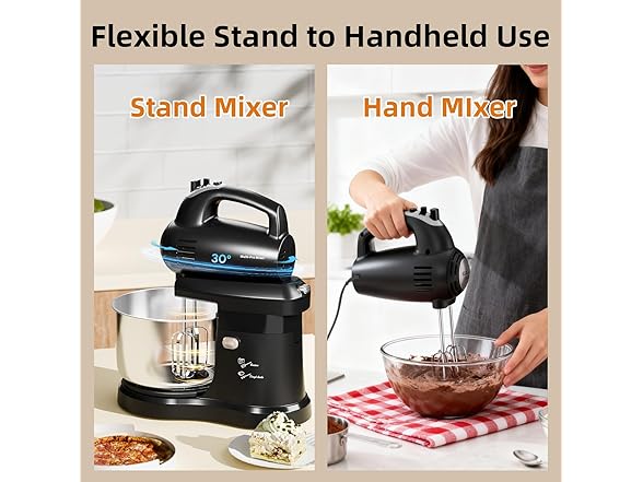 Stand Mixer Electric Kitchen Mixer, 3.2 QT Auto-Rotating Bowl & Beater Tilt-Head 2-IN-1 Standing Hand Mixer, 250 Watt 5-Speed with Turbo Boost Household Mixer with Beaters & Dough Hooks for Baking (Open Box)