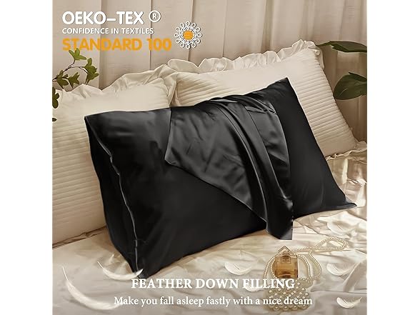 BHZ Black Satin Goose Feather Queen Pillow