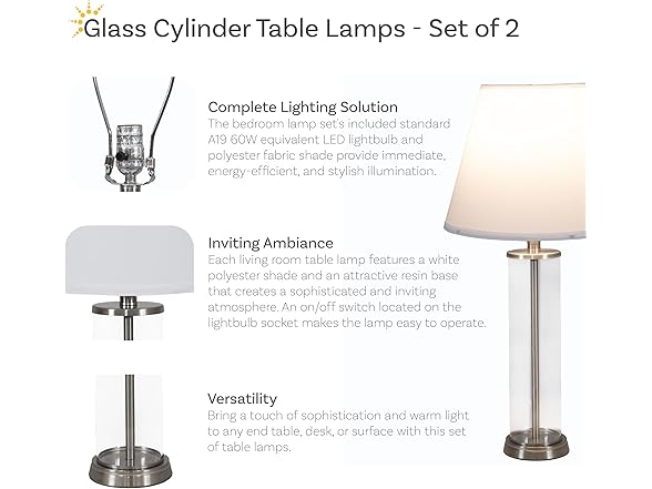 Sunnydaze Cylinder Glass Table Lamp Set of 2 with Shade