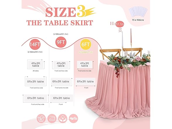 QueenDream Dusty Rose 6ft Table Skirt for Rectangle Table