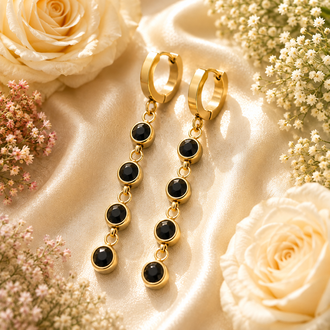 18K Gold Black Stone Drop Huggies - Gallery 6