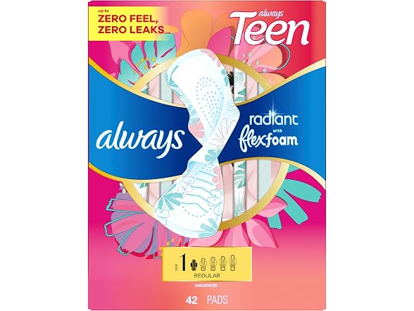 Always Radiant Teen Pads Size 1 Regular Wings