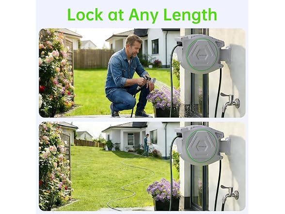 Retractable Garden Hose Reel 5/8 in x 100 ft, Heavy Duty Wall Mounted Water Hose Reel with 9-Pattern Nozzle, Any Length Lock, Automatic Slow Return System, 180° Swivel Bracket, UV Resistant (Open Box)