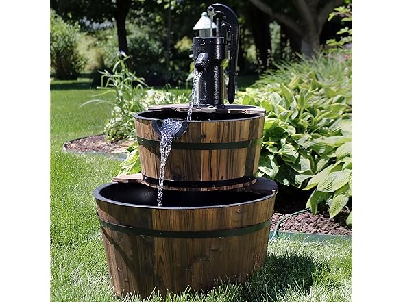 Sunnydaze 2-Tier Wood Barrel Water Fountain - 34-Inch