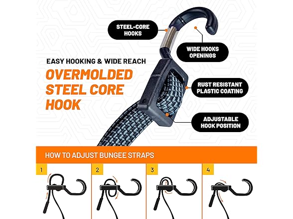 Tack Strap Orange 4-Way Flat Bungee Cord w/ Pad Grip