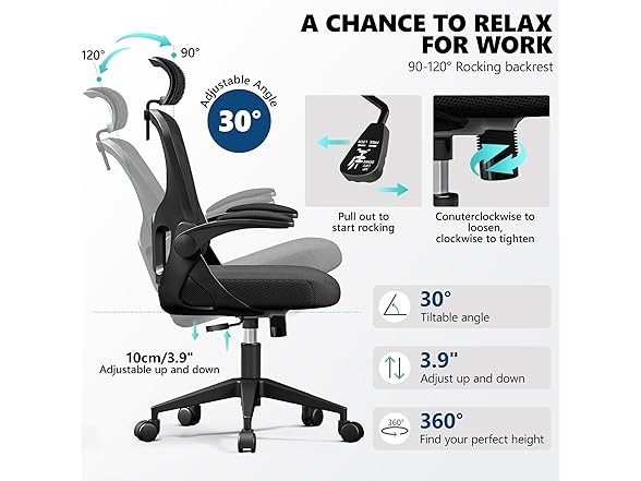 FINATI Ergonomic Office Chair, Mesh Desk Chair with Adjustable Headrest & Lumbar Support, Rolling Computer Chair with Flip-up Armrests, Comfy Swivel Home Office Chair for Long Hours - Black (Open Box)
