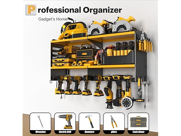 Spampur Power Tool Organizer Wall Mount 15 Min Assembly & Maximum 420lb Load by Heavy Duty Metal, 8 Slots for Cordless Drill, Tool Holder with 6 Outlet Power Strip (Open Box)