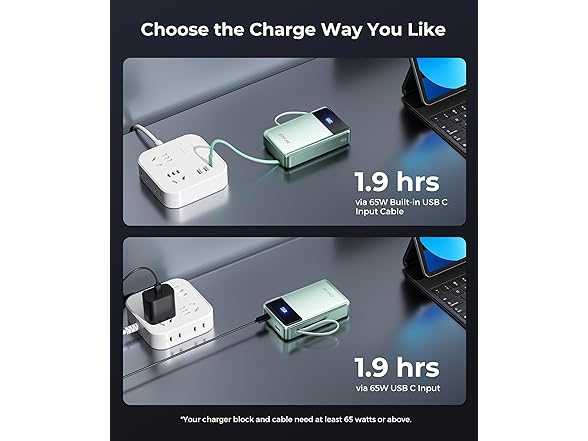 (1 or 2 PACK) 30,000mAh 65W Powerbank with Built-in Cables