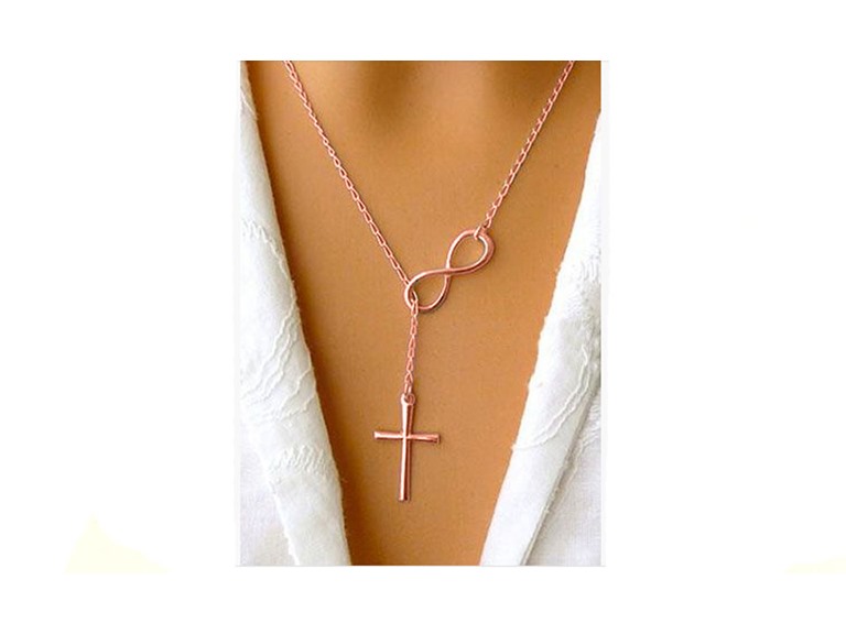 Italian 18K Rose Gold Plated Sterling Silver Infinity Cross Lariat Necklace