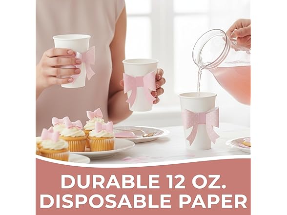 Fun Express White Disposable Paper Cups with Pink Bow