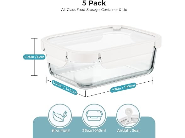 Vtopmart 5 Pack Glass Containers W/ Glass Lids