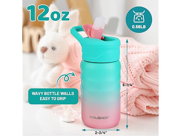 HAUSHOF Kids Water Bottle 2-Pack 12 oz