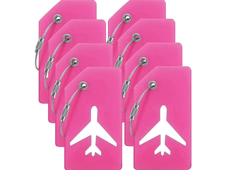 8Pack Luggage Tags for Suitcases with Name Id Card, Silicone Backpacks Handbags Tag with Stainless Steel Rings, Rose Red