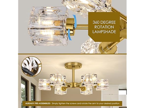 Modern Crystal Chandelier, 6-Light Gold Flush Ceiling Light