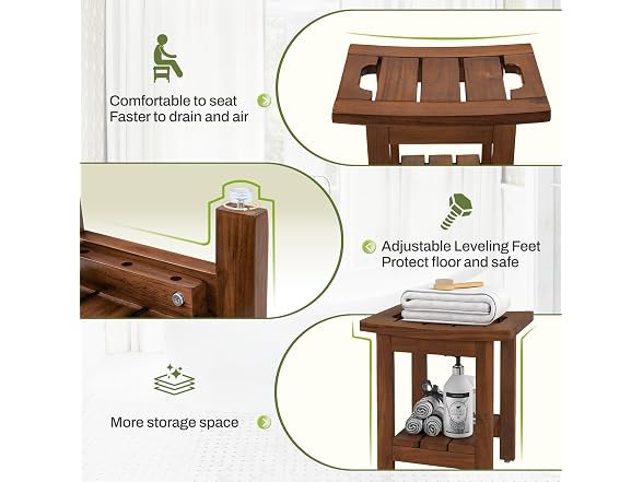 14" Waterproof Brown Teak Shower Stool