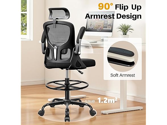 FINATI Drafting Chair, Tall Office Chair for Standing Desk, Ergonomic High Back with Headrest, Lumbar Support, Foot Ring and Flip-up Armrests, Black (Open Box)