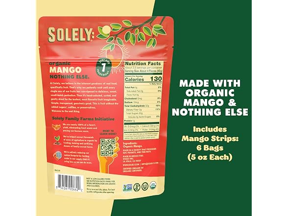 SOLELY - Organic Dried Mango Strips (5 oz,6 PK)