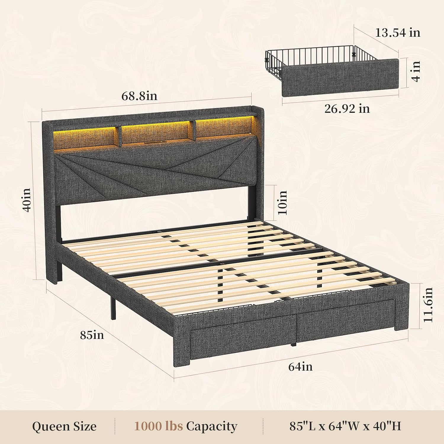Blissivia Full Bed LED USB Drawers Grey - Gallery 12