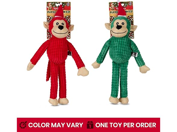 Bow Wow Pet Pixel Monkey with Santa Hat Plush Squeaky Toy