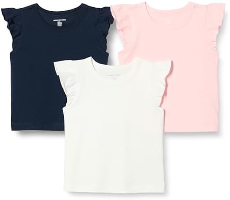 Amazon Essentials Girls' Sleeveless Ruffle T-Shirt, Pack of 3, Ivory/Navy/Pink, Large