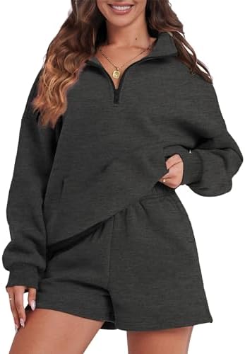 FKEEP Womens Sweatsuits 2 Piece Outfits Half Zip Sweatshirt Sweat Shorts with Pockets Lounge Sets(Dark Grey,Large)