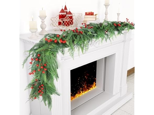 TISEMENT Norfolk Pine Cypress Garlands with Red Berries, 6Ft