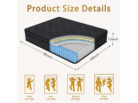 Mutesleep 12 Inch Queen Hybrid Mattress, Medium Firm
