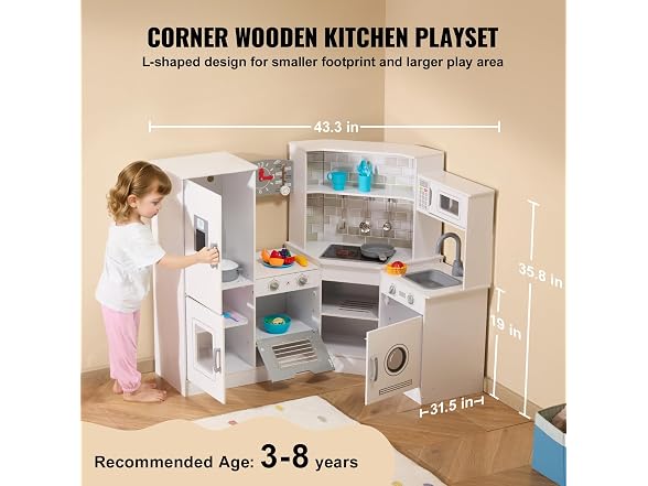 Corner Wooden Play Kitchen, Toy Set with Lights