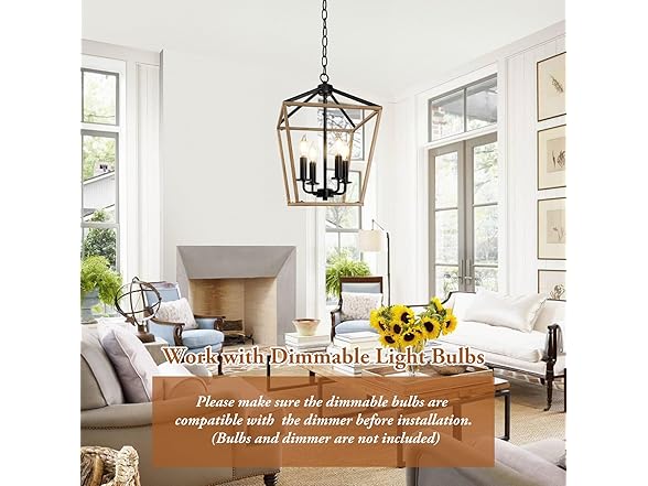 Farmhouse Chandelier 4-Light, Oak Wood Light Fixture