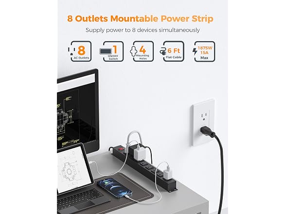 TESSAN 1200J Metal Power Strip (8 Outlets)